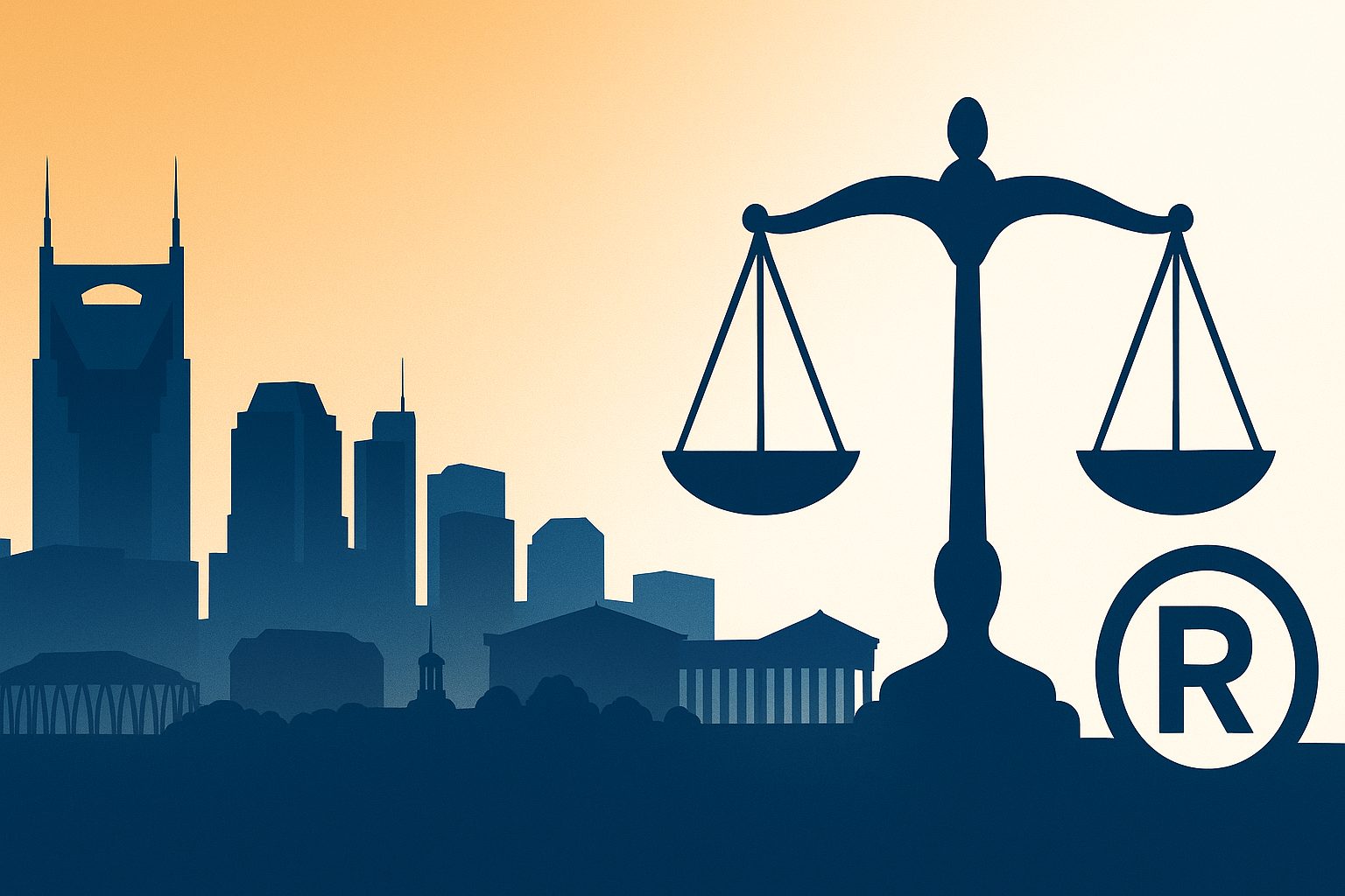 Nashville skyline with scales of justice and trademark symbol representing Moore Law PC trademark attorney services