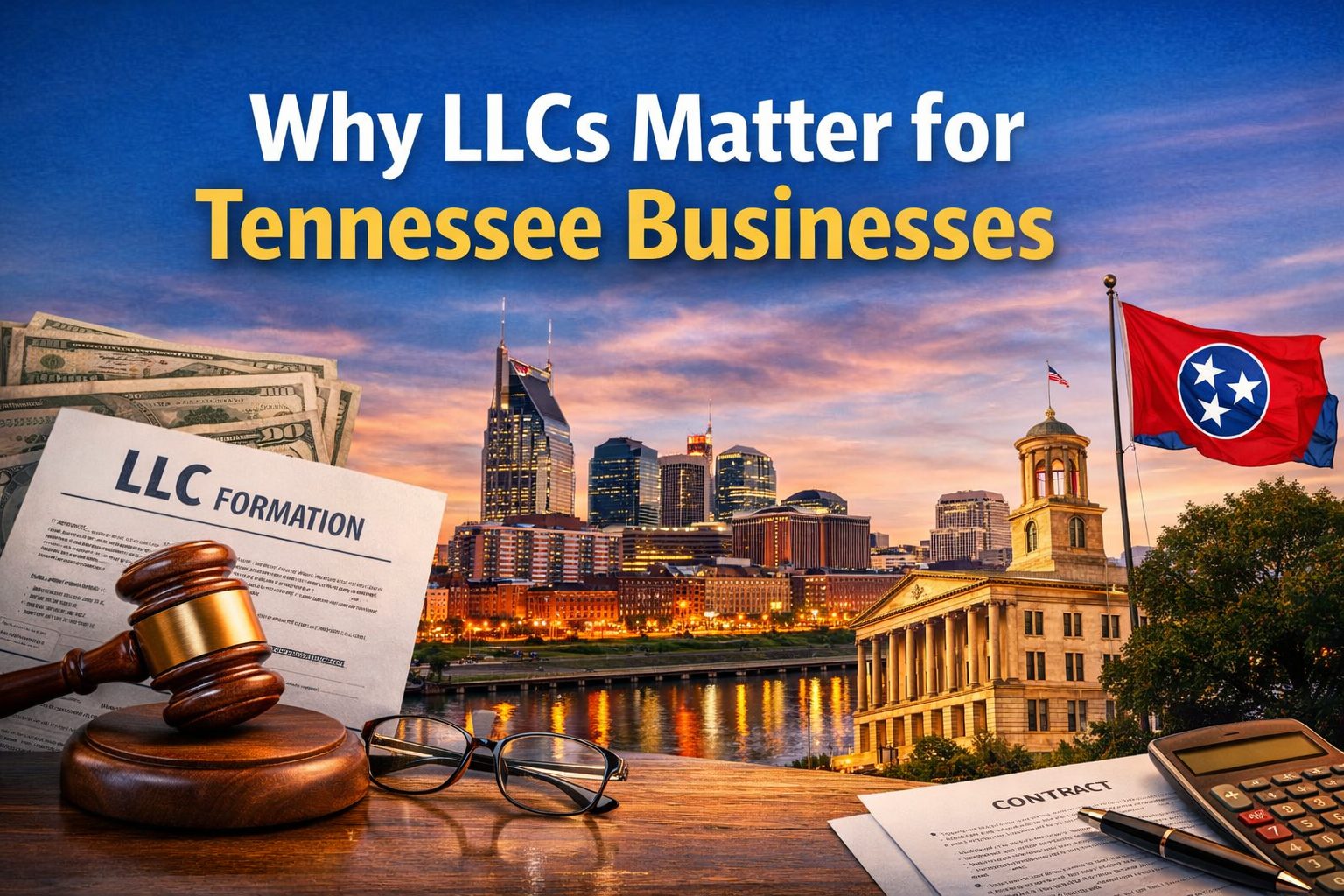 Gavel and LLC formation document with Nashville skyline and Tennessee State Capitol representing LLC formation for Tennessee businesses
