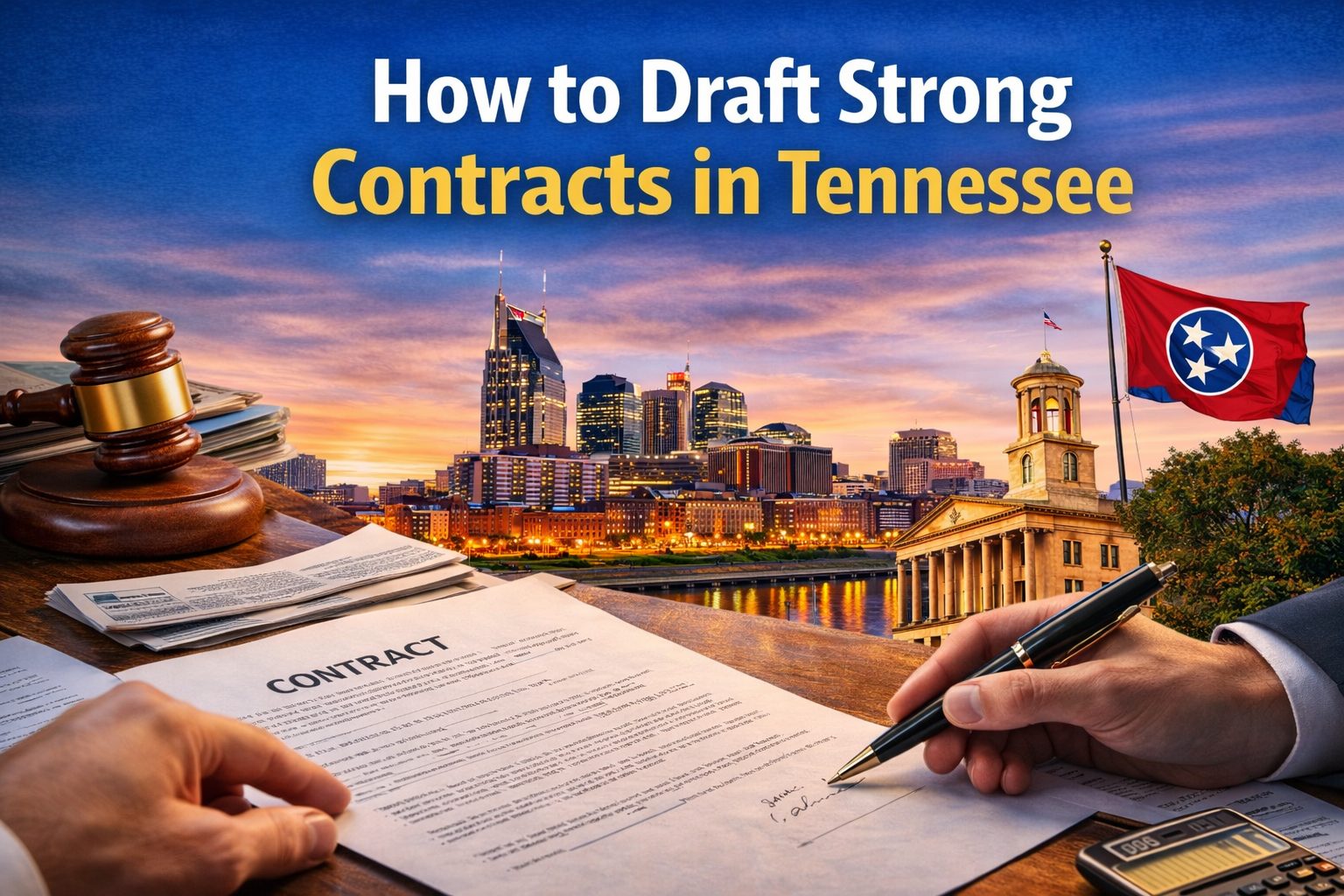 Attorney signing a business contract with Nashville skyline and Tennessee State Capitol in background representing strong contract drafting in Tennessee