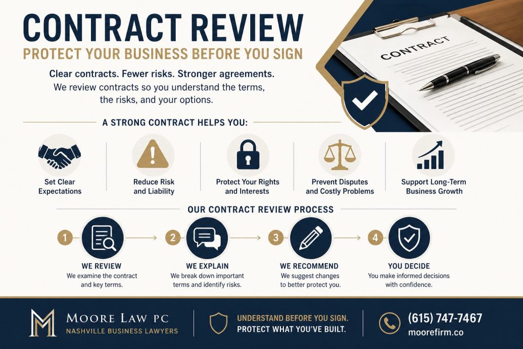 Contract review infographic showing risk reduction, contract protection, and review process for Nashville businesses
