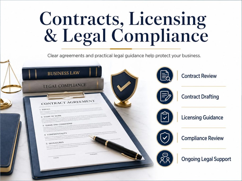 Contracts, licensing, and legal compliance graphic for Nashville business owners showing a contract agreement, legal books, and compliance icons.