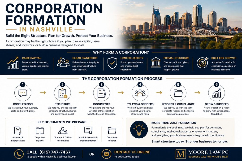 Corporation formation process infographic showing consultation, structure, documents, bylaws, compliance, and business growth for Nashville companies