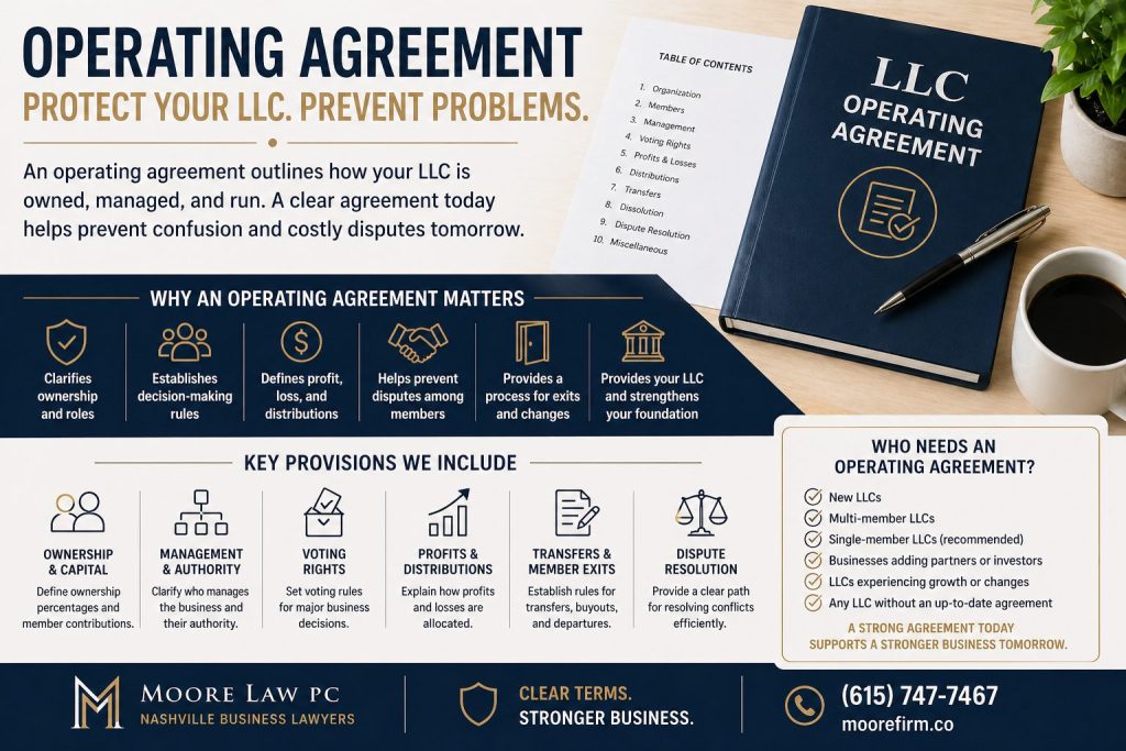 LLC operating agreement infographic showing ownership structure, management rules, profit distribution, and dispute prevention for Nashville businesses