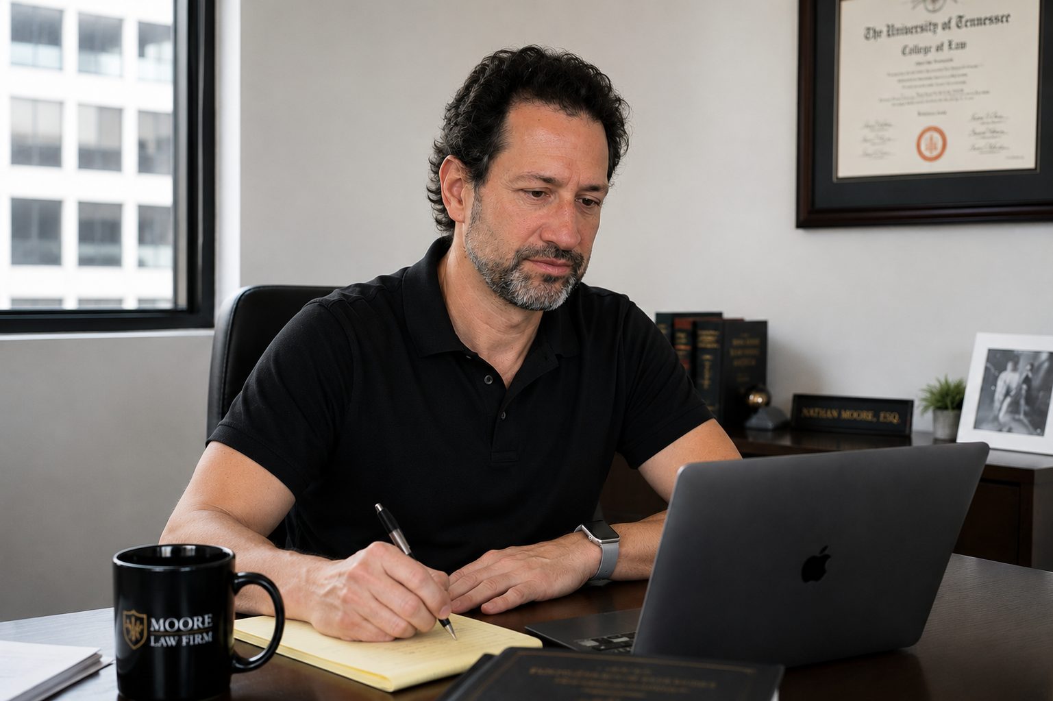 Nathan Moore working at his desk at Moore Law PC