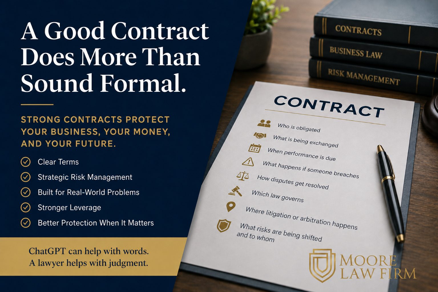 Graphic explaining that a good contract does more than sound formal, highlighting clear terms, risk management, leverage, and legal protection for business owners.